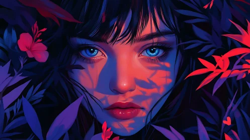 Neon-lit portrait of blue-eyed girl framed by violet foliage.