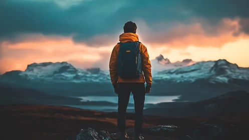 Backlit hiker studies snowcapped mountain range at sunset glow