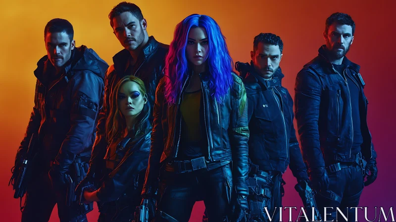 Neon-haired rebel squad stalks through blazing sci-fi dusk.