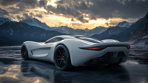 Sleek white supercar glides across a frozen mountain lake