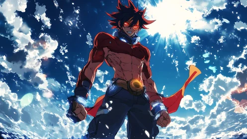Muscular anime hero stands under intense glowing sky.