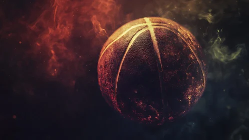 Glowing textured basketball surrounded by drifting smoke.