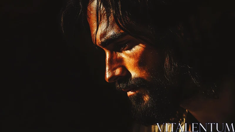 Male profile in strong side lighting against dark background.