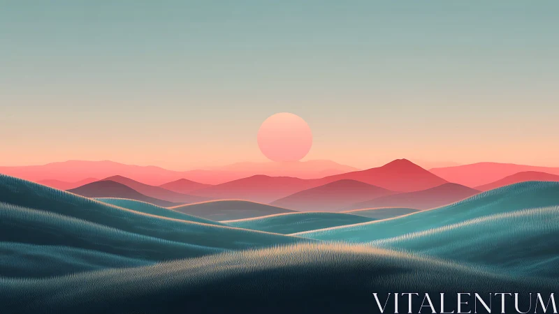 Soft sun drifts above teal dunes and peach distant peaks