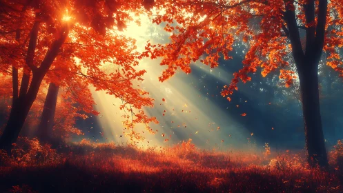 Backlit autumn forest renders volumetric sunbeams through foliage