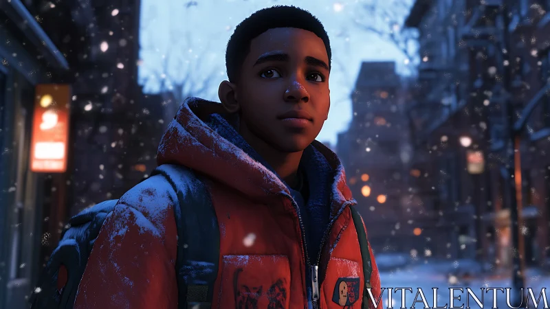 Snowy city evening frames a hopeful teen in a warm red coat