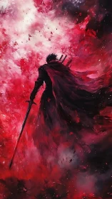 Dark warrior standing in swirling red cosmic storm.