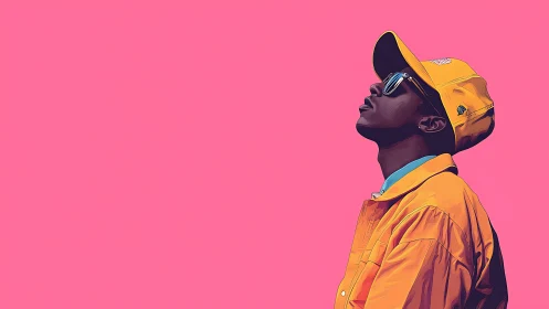 Man in yellow jacket and cap on flat pink background.