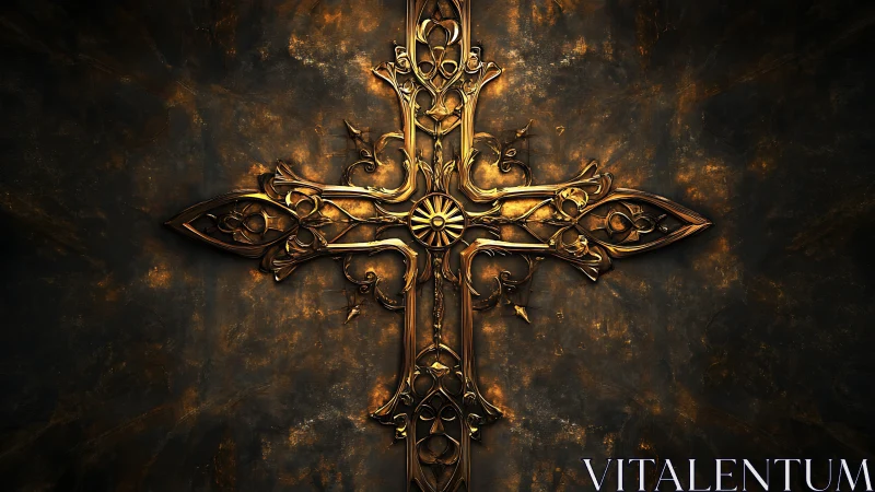 Golden ornate cross glows gently against a dark rustic wall
