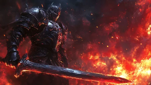 Infernal greatsword knight in molten-black plate amid conflagration