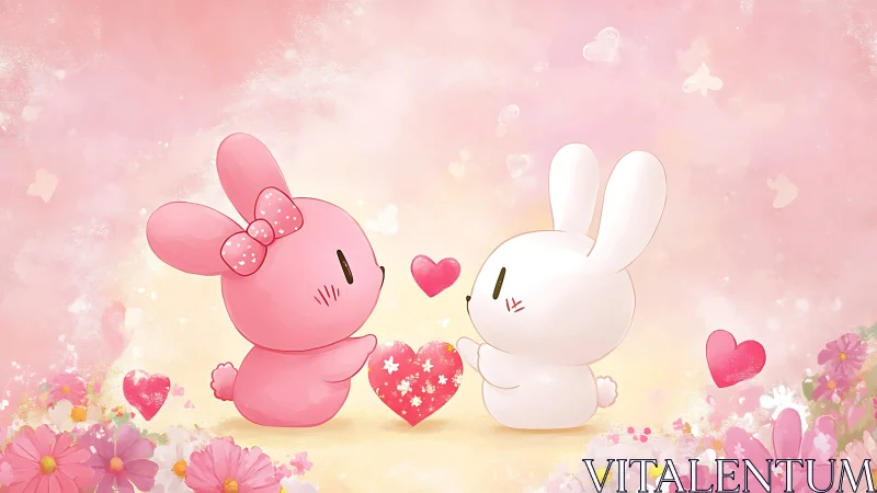 Two stylized rabbits sit facing each other with heart motifs