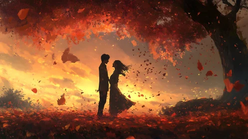 Silhouetted Couple Amid Autumn Leaves and Golden Sunset.