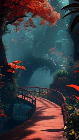 Curved scarlet bridge winding through ethereal forest glow.