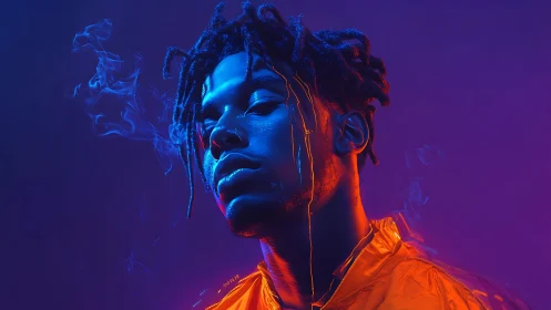 Neon-dual chromatic portrait with volumetric smoke dynamics.