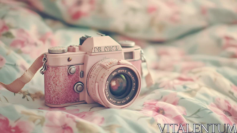 Vintage pink camera resting softly on floral bedding.