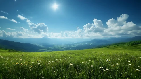 Sunlit mountain meadow stretches into peaceful blue distance