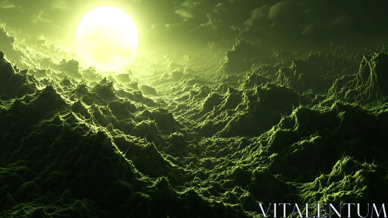 Bioluminescent alien terrain under radiant toxic sun glow.