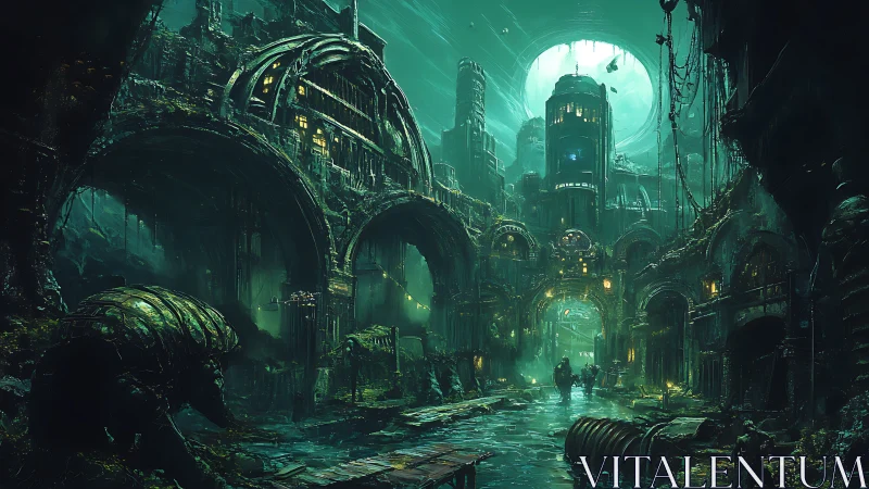 Cyberpunk ruin corridor under teal dome with central figures advancing