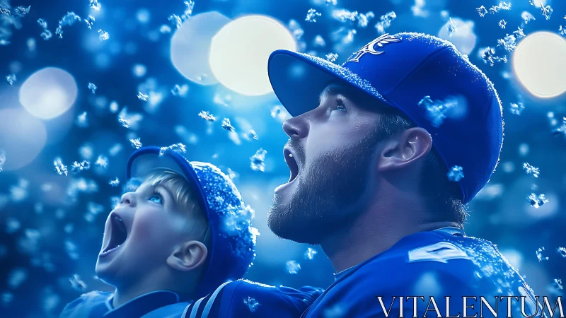 Father and child stare upward amid bright blue snowfall