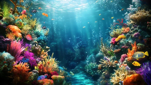 High-saturation digital reef scene with volumetric caustic lighting