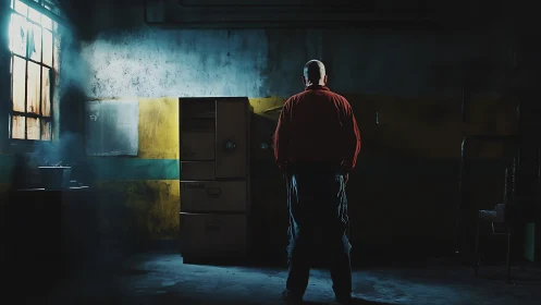Man in red jacket stands alone in dark industrial room.