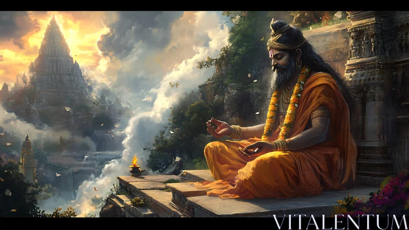 Hermit in radiant cloud temple axis, meditating in stillness.