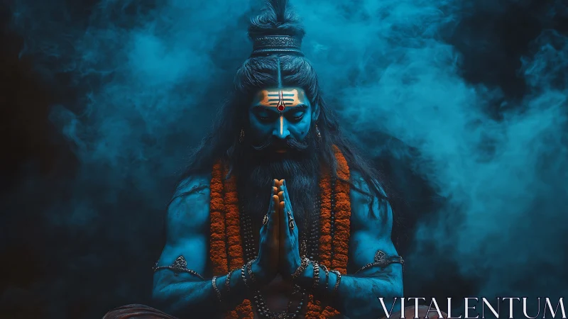 Blue-skinned ascetic in meditative prayer amid swirling smoke.