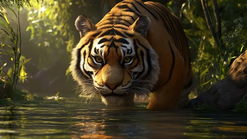 Silent jungle monarch stalks the river’s mirrored hush.