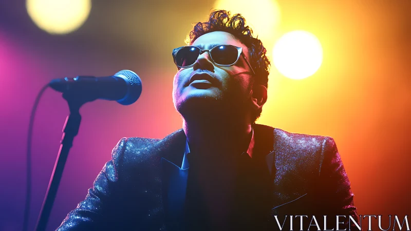 Glitter-suited crooner bathing in neon spotlight haze.