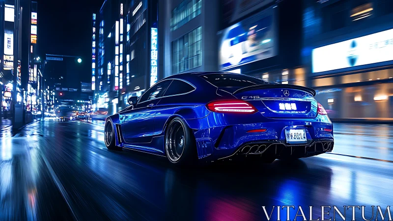 Midnight blue sports coupe racing through neon city streets.