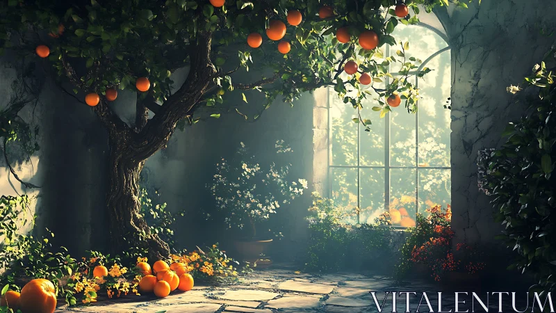 Orange tree overhangs stone courtyard floor near arched window