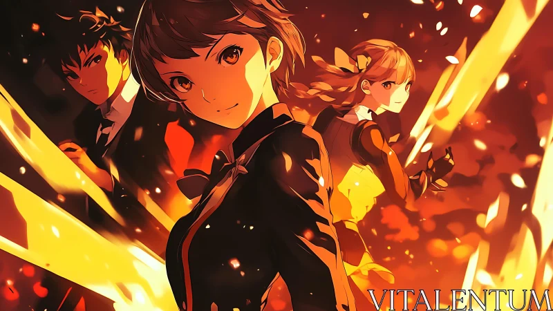 Three uniformed figures amid stylized orange energy fields.