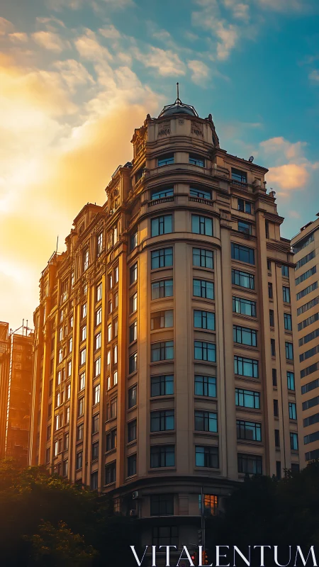 Golden hour embrace on an elegant neoclassical high-rise.