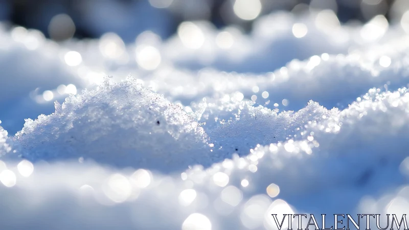 Sparkling close-up of fresh snow with bokeh effect in sunlight.