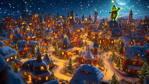 Digital painting of whimsical winter town with green figure above.