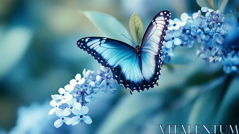 Blue butterfly on lilac flowers in soft garden focus.