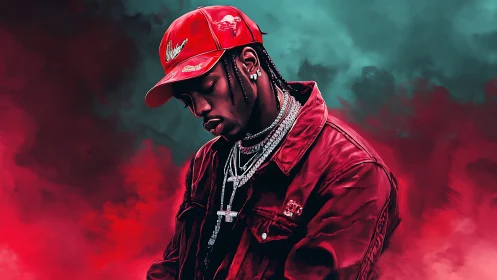 Red-clad hip-hop figure set against teal and crimson haze.