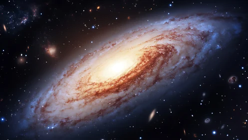 Spiral galaxy ignites cosmic dusk with molten starlight glow.