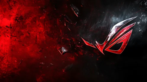 Fragmented red emblem on high-contrast textured digital field