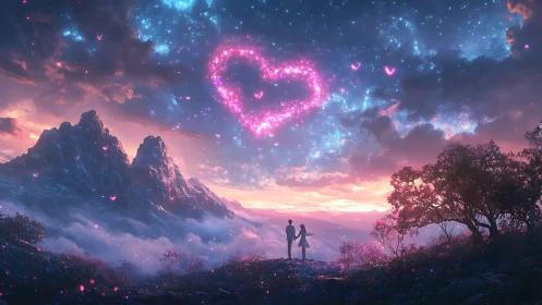 Luminous Heart. Couple Beneath Cosmic Sky.