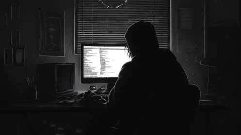 Solitary hooded coder types by monitor glow in darkness.
