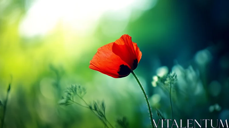 Single red poppy rendered with shallow depth and bokeh gradient