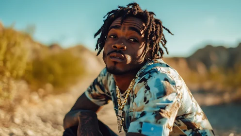 Shallow-depth desert portrait captures subject in warm bokeh