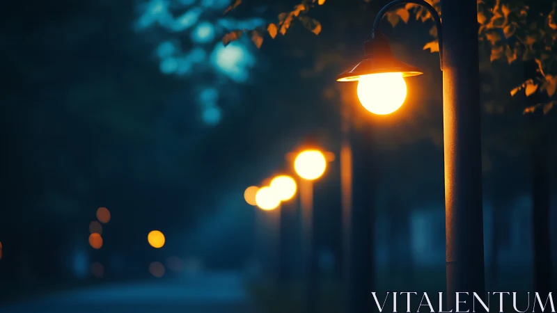 Row of warm park lamps receding into soft twilight bokeh