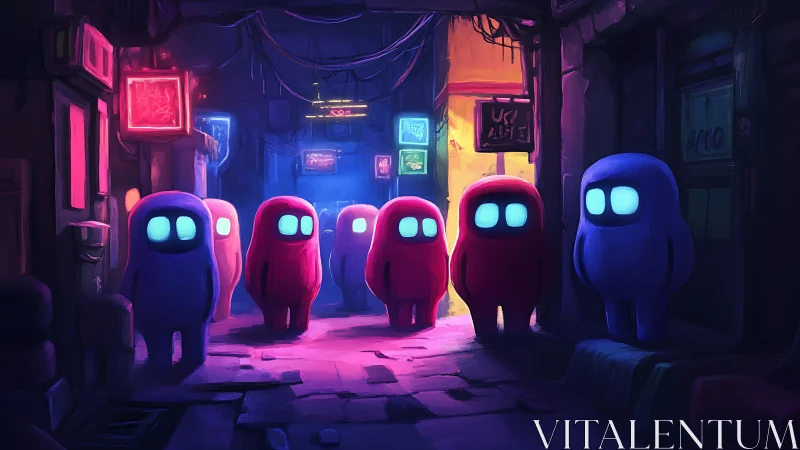 Neon alley with glowing figures under colorful signs.