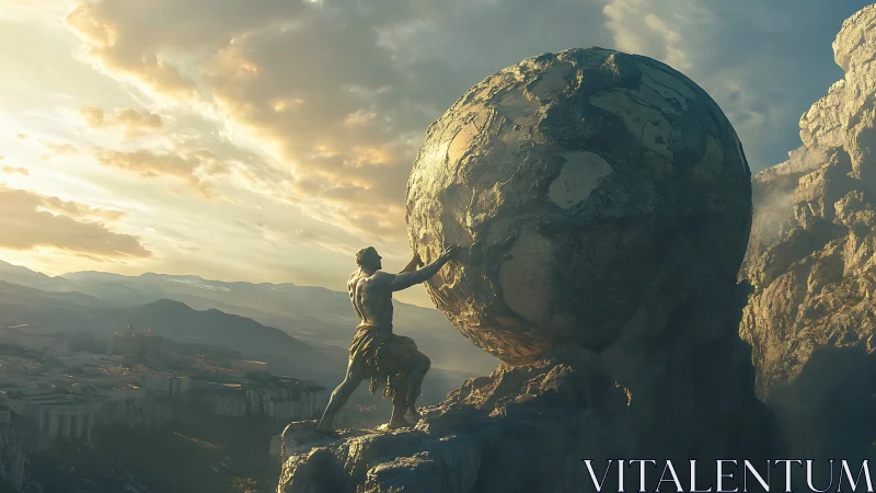 Sunlit titan straining beneath a weathered stone world.
