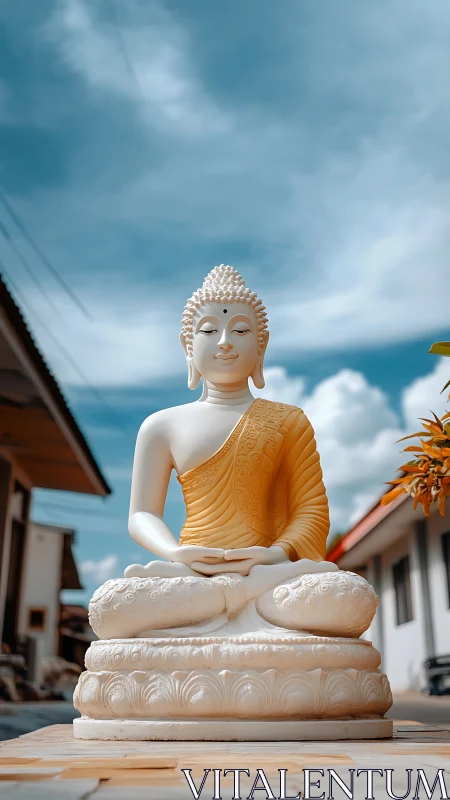 Peaceful Buddha statue rests calmly beneath soft blue skies