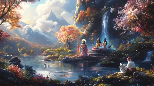 Divine figures by waterfall in luminous mountain valley.