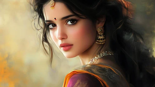 Digital portrait of Indian woman in ornate traditional jewelry.