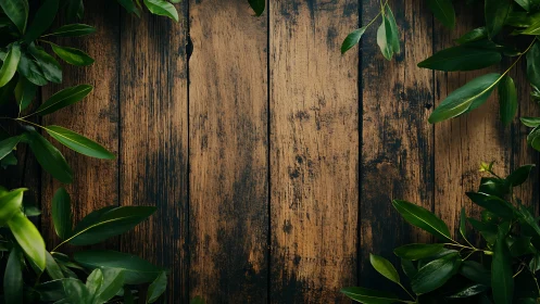 Rustic wooden background framed by lush green foliage edges